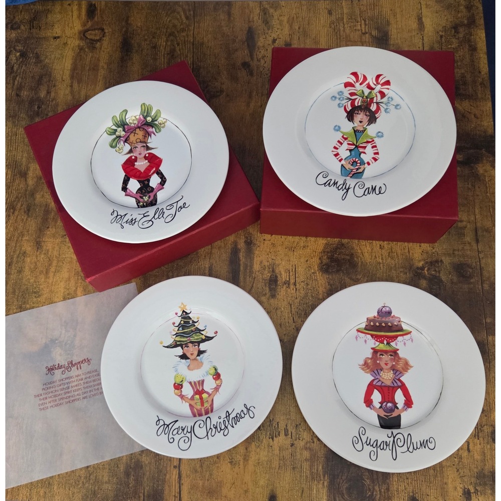 Neiman Marcus Holiday Shoppers Christmas 4 Dessert Plates Set 2003 Porcelain NIB